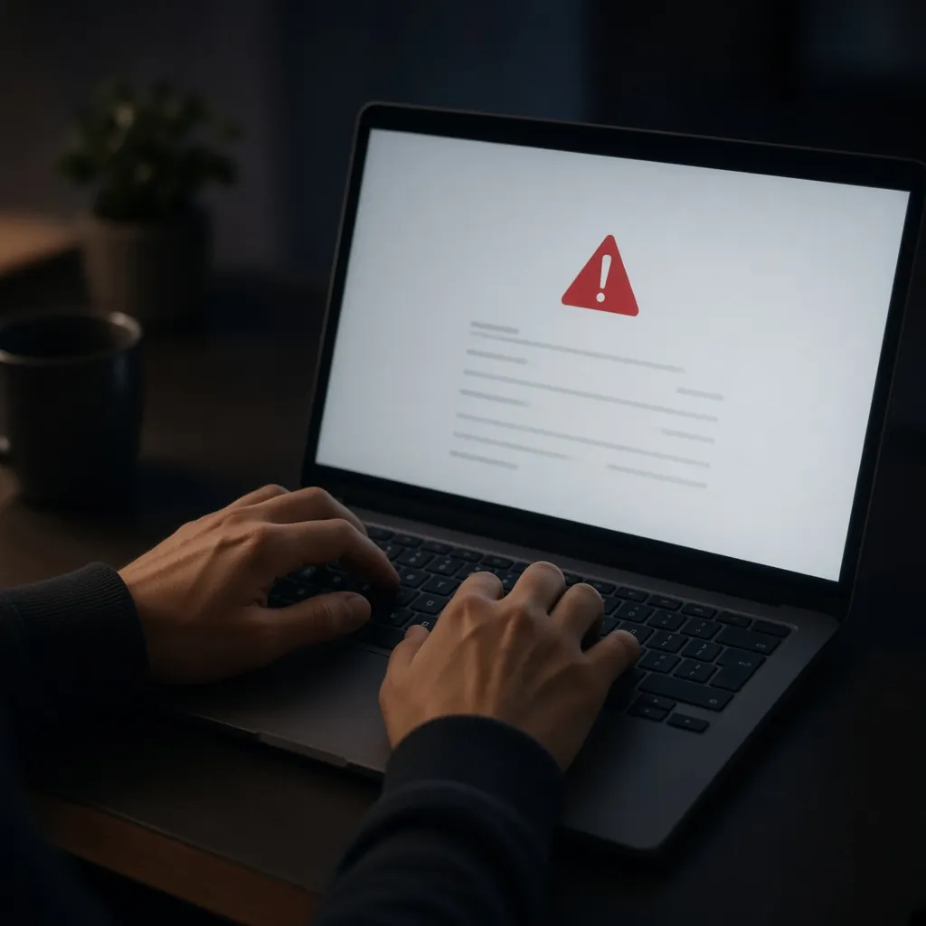 Mãos num notebook com um aviso de alerta na tela. Imagem ilustrativa
