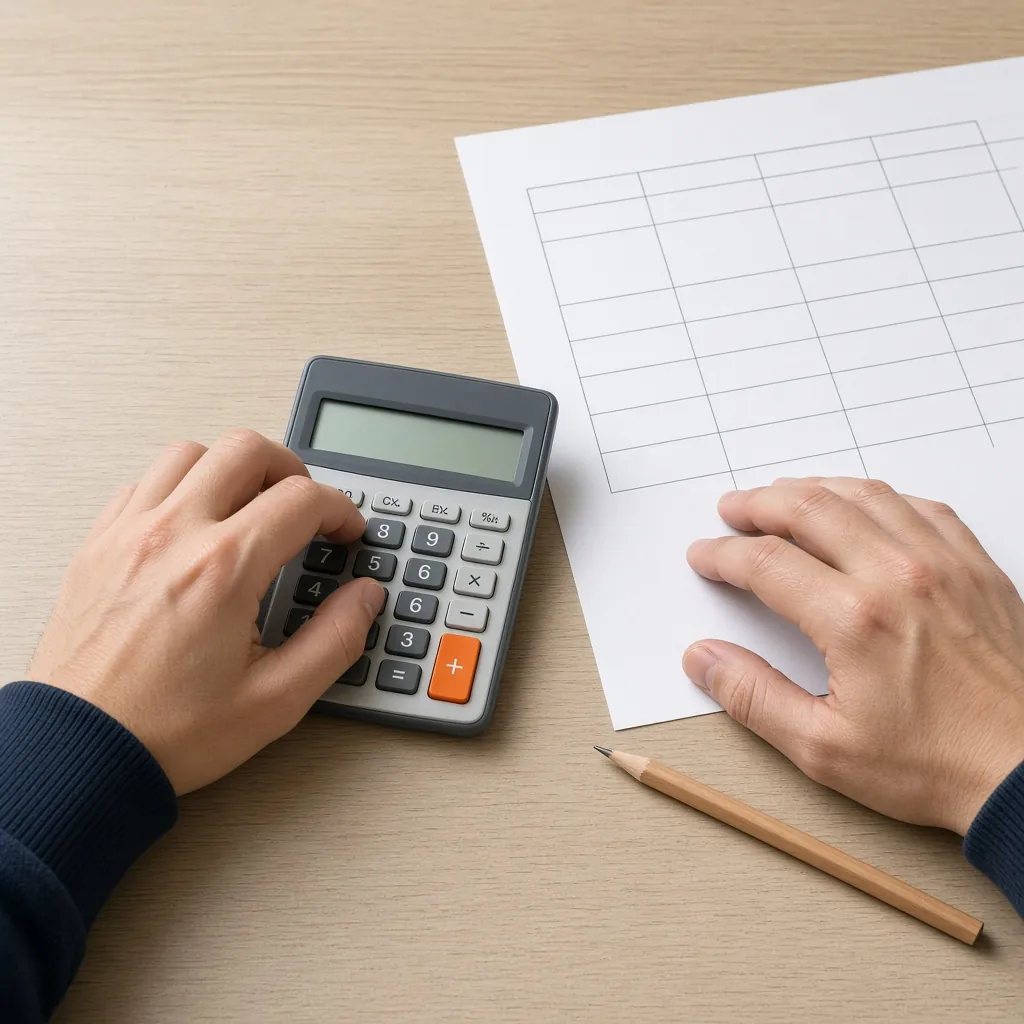 Mãos usando uma calculadora ao lado de uma tabela impressa em branco. Imagem ilustrativa